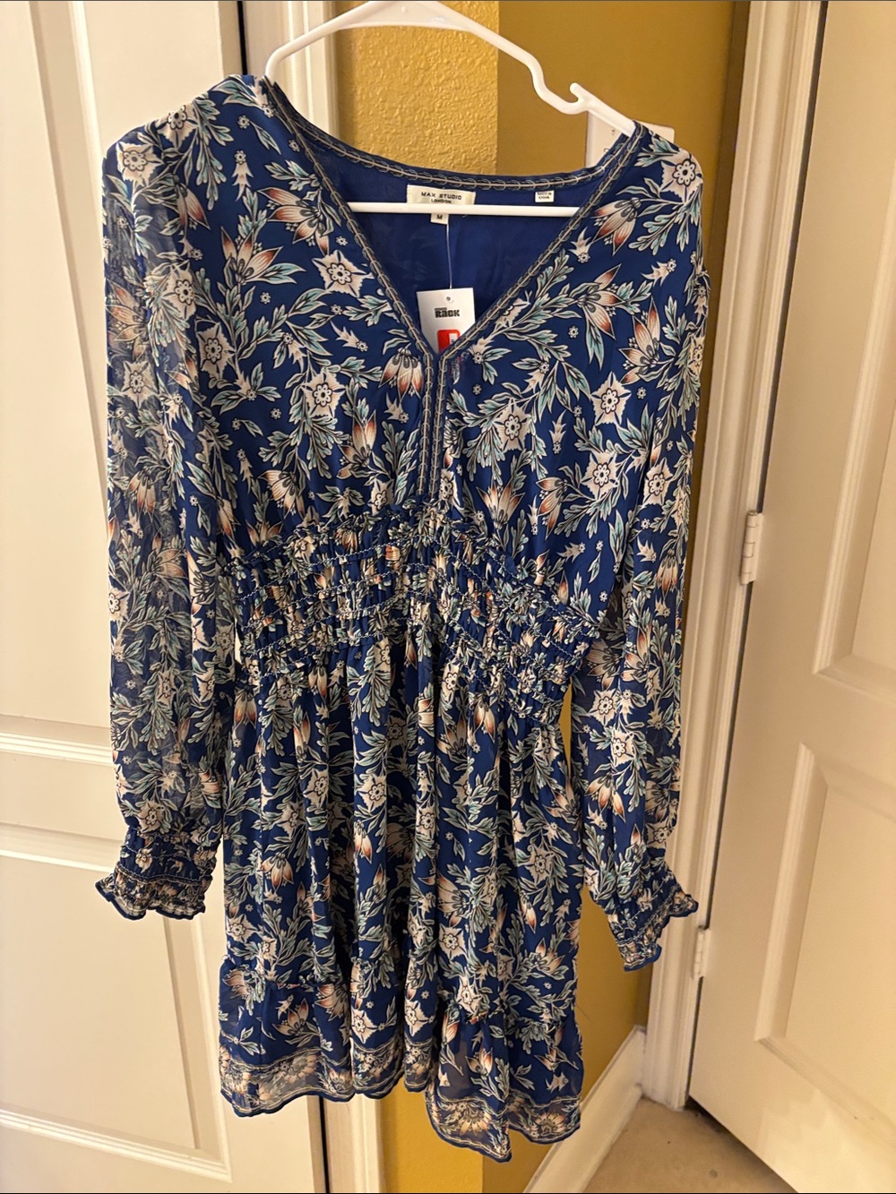 Max Studio Blue Floral Long-Sleeve Mini Dress - m (tag is on)